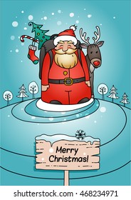 Holiday card with Santa Claus and winter landscape