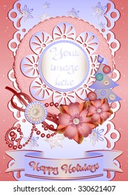 Holiday card with scrap elements in pink and light blue colors in scrapbooking style for greeting with Christmas and New Year. Vector illustration