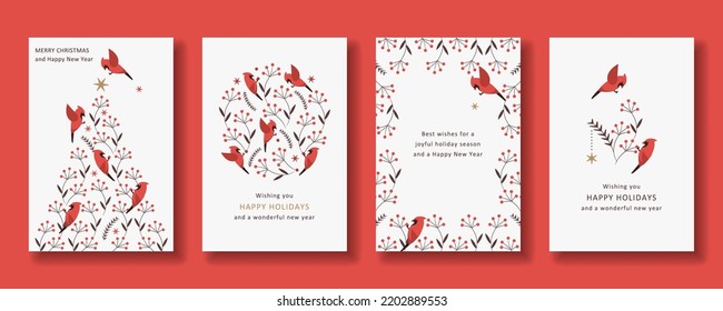 Holiday card set of cardinals and berries. For greeting card, poster,invitation card and flyer etc.