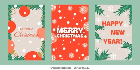 Holiday card set featuring vibrant designs with Christmas and New Year themes. Includes ornaments, snowflakes, pine branches, and festive lettering in red, gold, and green tones for seasonal greetings