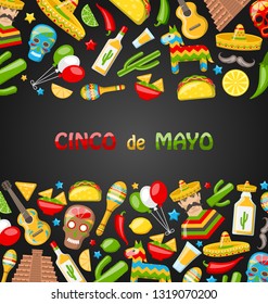 Holiday Card with Set Mexican Colorful Symbols for Cinco de Mayo (Translation: 5th May). Advertising Template - Illustration Vector