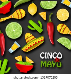 Holiday Card with Set Mexican Colorful Symbols for Cinco de Mayo (Translation: 5th May). Advertising Template - Illustration Vector