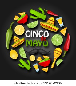 Holiday Card with Set Mexican Colorful Symbols for Cinco de Mayo (Translation: 5th May). Advertising Template - Illustration Vector