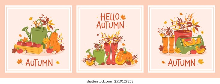 Holiday card set with pumpkin, fruit, cute wellies boots, watering can and autumn leaves. Hello Autumn. Happy thanksgiving. Vector illustration