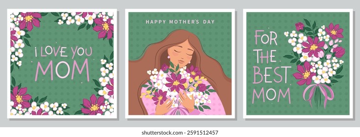 Holiday card set, Spring summer floral design.Woman holding a bouquet of flowersand. For the best mom inscription. Vector  illustration for the Mother's day, Women's, March 8, Birthday.
