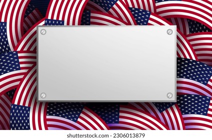 Holiday card with a set of USA flags, a rectangular frame in a metallic shade