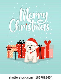 Holiday card with smiley dog wearing a Santa hat and different cartoon gifts. Merry christmas lettering. Vector illustration in flat style