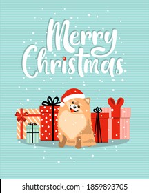 Holiday card with smiley dog wearing a Santa hat and different cartoon gifts. Merry christmas lettering. Vector illustration in flat style