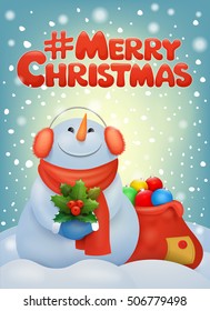 Holiday card with smiley snowman holding christmas bouquet. Vector illustration