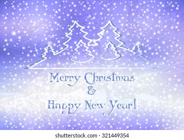 Holiday card with snow forest and fir trees in snowfall for greeting with New Year and Christmas on blue blurred background. Vector illustration