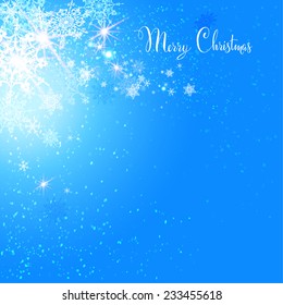 Holiday card with snow on blue background. Copy space.