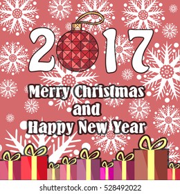 Holiday card. The stylized inscription  with the Christmas ball of colored triangles,  boxes with gifts and congratulatory inscription. Pink background in retro style with white snowflakes. Flat.