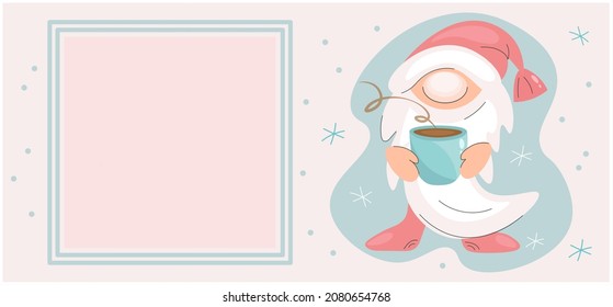 Holiday card template, banner with cute gnome. Funny gnome in santa claus hat drinks coffee. Vector isolated character with a big blue cup. Decorative typography poster. Decor for design, web. Cartoon