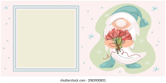 Holiday card template. Banner with a cute gnome. Funny gnome in a blue cap with a bouquet of carnations. Vector isolated character. Decorative typography poster. Cartoon flat design. Retro style.
