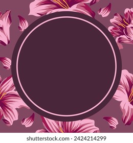 holiday card template with a circle in the middle on a seamless floral pattern of open lilies and petals on a pastel background, for textile, holiday cards or packaging