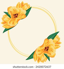 holiday card template consisting of yellow outlines of circles and open buds of yellow tulips, green leaves, template for postcards, invitations and banners