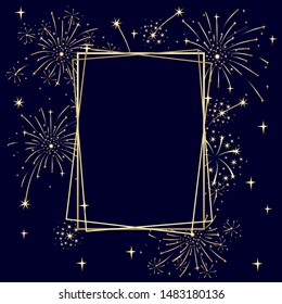 Holiday card template with golden frames and fireworks. Vector isolated color illustration.