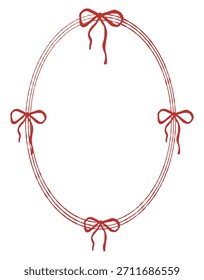 Holiday card template with an oval frame, bows, and space for text. A red vintage frame with ribbons and bows is perfect for wedding, Valentine Day, birthday, menu, invitation, or poster. Vector