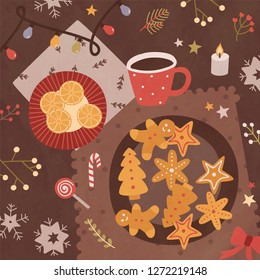 Holiday card template with table surface, delicious homemade sweet cookies and orange slices lying on plates, cup of tea and Christmas decorations. Colorful festive vector illustration in flat style.