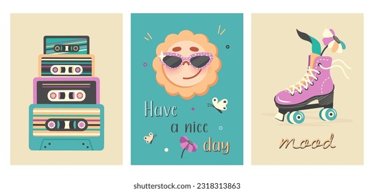 Holiday card templates and mood quote. Modern retro poster in 90s, 80s, 70s style. Leisure time, music, hobbies concept. Cute cartoon sun character, roller skates, flowers, cassettes. Vector