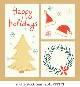 Holiday card with text Happy Holidays, Christmas tree, santa claus hats and advent wreath. A simple and cheerful design, perfect for seasonal joy.