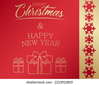 Holiday card with text Merry Christmas and Happy New Year, presents on red background. Design for your promotion, advertising, market flyer, shop brochure, advert, sign, label, coupon, store poster.