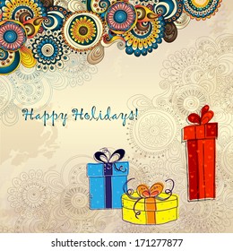 Holiday card with three gift boxes with bows on the doodle floral background. Sketch style.
