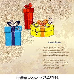 Holiday card with three gift boxes with bows on the doodle floral background. Sketch style.