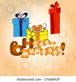 Holiday card with three gift boxes with bows on the doodle floral background. Sketch style.