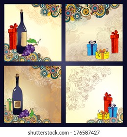 Holiday card with three gift boxes with bows on the doodle floral background. Sketch style. 