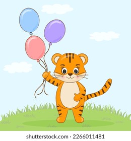 holiday card.  tiger with balloons on a blue background with clouds