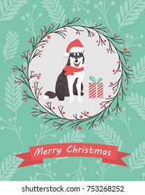 Holiday card with twigs and berries ornament and funny husky