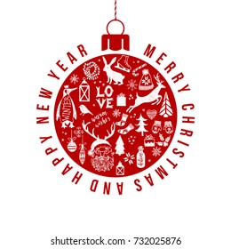 Holiday card with type design and ball made of hand drawn Christmas symbols.