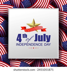 Holiday card with USA flags set, square frame, independence day.