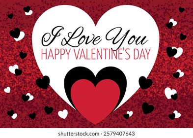 Holiday card, valentine, banner, poster for February 14, Holy Valentine's Day with the inscription I love you, Happy Valentine's Day with hearts in red, pink, white and black colors