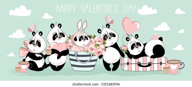 Holiday card with Valentine's Day. Cute Panda with romantic elements. Vector illustration.