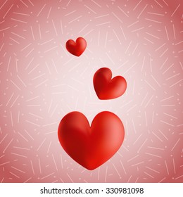 A holiday card Valentine's day in the form of three decreasing volume of red hearts on pink retro background. All isolated.