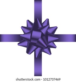 Holiday card with violet bow and ribbon. Realistic holiday decorations at gift banner, poster, coupon. Vector illustration.
