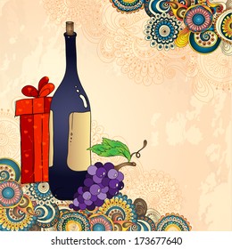 Holiday card with wine bottle, grapes, gift box and art cucumbers on the doodle floral background. Sketch style.