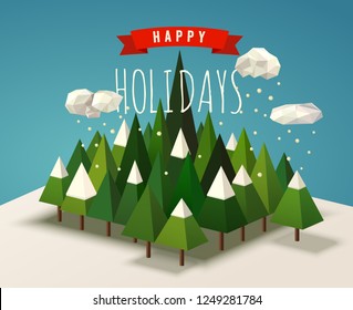 Holiday Card, winter geometric landscape with pines and snow	