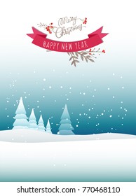 Holiday card. Winter landscape background with falling snow, forest silhouette and red ribbon banner. Vector illustration