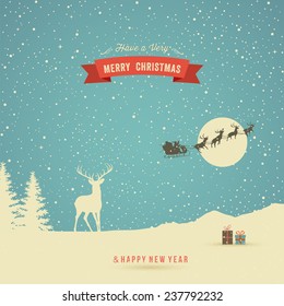 Holiday Card, winter landscape with reindeer, gifts, trees, snow, flying reindeer and red banner