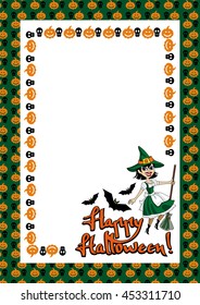 Holiday card with a witch holding broom and holiday greeting "Happy Halloween!".Vector clip art.