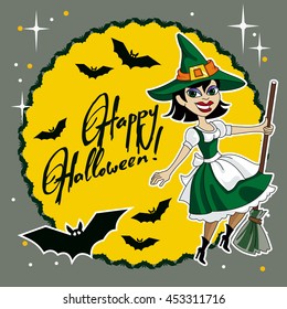 Holiday card with a witch holding broom and holiday greeting "Happy Halloween!".Vector clip art.