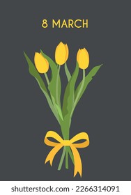 Holiday card for Women's Day March 8. Vector illustration of a spring flower. Greeting realistic tulip flowers template, luxury floral background, international women's day concept flyer, modern party