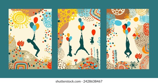 Holiday cards. Children with balloons. Posters happy childhood. hand drawing. Not AI, Vector illustration