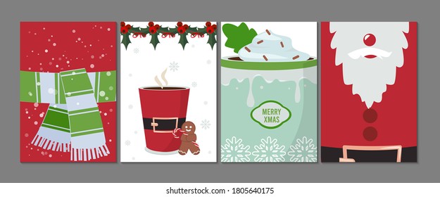 Holiday cards. Christmas New year flyers, festive decoration banner template. Santa Claus gingerman and hot winter drinks vector illustration