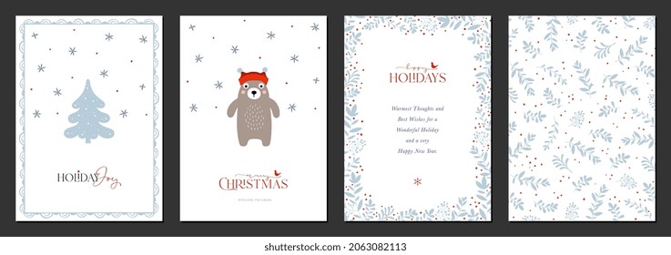 Holiday cards with Christmas Tree, bear, birds, backgrounds, ornate floral frames and copy space. Universal modern artistic templates.