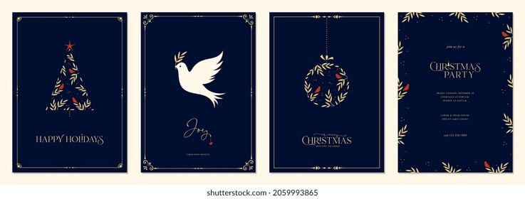 Holiday cards with Christmas tree, Dove, birds, Christmas ornament and floral frames. Universal artistic templates. 