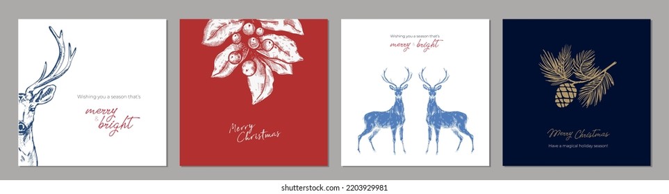 Holiday cards with Christmas tree, reindeers, floral, background and copy space. Universal artistic templates. Vector.